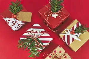 Christmas Gift Boxes Prints: Top view of beautiful red