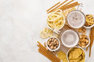 Spicy Sausage Dishes Prints: Top view beer snacks frame