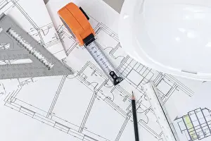 Images Dated 23rd January 2024: Builder Workbench Print with Tools and Blueprints