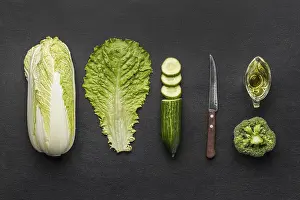 Balanced Diet Ingredients Prints: Top view celery with broccoli cucumber