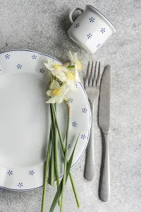 Textured Gray Background Prints: Top view of a charming table setting featuring a ceramic plate with blue dots