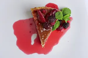 Gastronomy Delicacy Prints: Top view of cheesecake with cherry