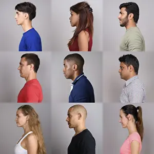 Studio Shot Portraits Prints: Side view collage of people faces against studio background