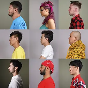 Conceptual Photography Prints: Side view collage of people faces against studio background