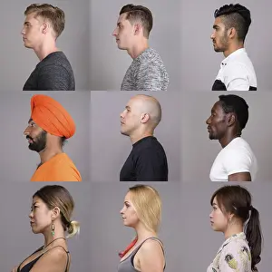 Portrait Photography Studio Prints: Side view collage of people faces against studio background