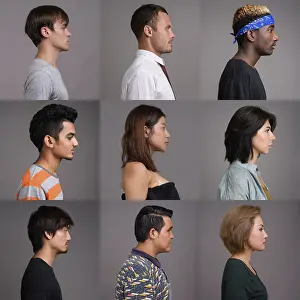 Portrait Photo Studio Background Prints: Side view collage of people faces against studio background
