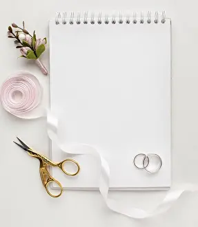 Stationery Supplies Prints: Top view empty copy space notebook rings
