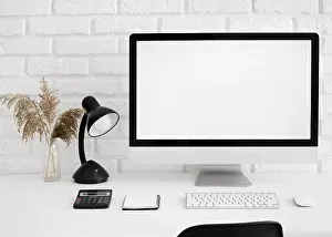 Office Work Station Prints: Front view desk with computer lamp