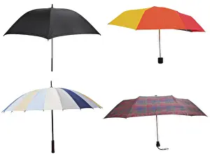 White Background Copy Space Prints: Side view of four different open umbrellas against white background