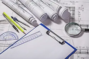 Construction Plan Prints: View on drawing tools with blueprints