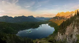Wetterstein Mountains Landscape Prints: View over the Eibsee lake at sunset