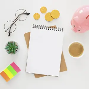 No People In Background Prints: Top view financial elements arrangement with empty notepad