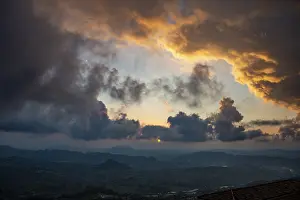 Prints of View over hilly landscape of San Marino, sunset with dramatic clouds, San Marino San Marino Prints: San Marino Hilly Landscape Print at Sunset