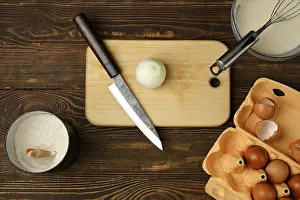 Top View Of Meal Preparation Prints: Top view of kitchen table with ingredients for omelette