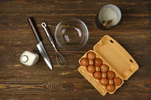 Food Photography From Above Prints: Top view of kitchen table with ingredients for scrambled egg