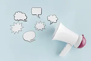 Top View Image Prints: Top view megaphone with chat bubbles
