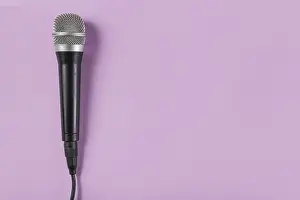 Pink Background Studio Shot Prints: Top view microphone pink background