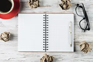 Contemporary Workspace Design Prints: Top view of modern creative workplace with notepad