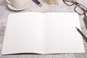 Home Office Setup Prints: Top view of a notebook with blank pages