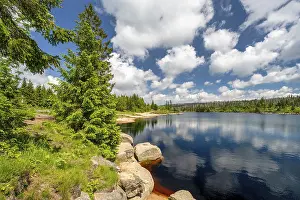 Central European Nature Scene Prints: A view of the Oderteich in the Harz Mountains under a blue sky