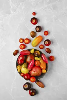 Tomato Varieties Prints: Top view of plate with different types of tomatoes