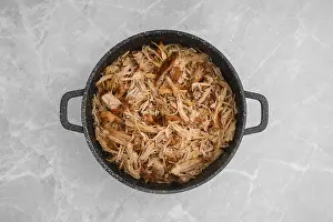 High Angle Food Photography Prints: Top view of pulled pork in a large pan