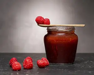 Front View Food Photography Prints: Front view raspberry jam jar