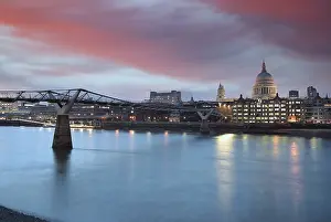River Thames Evening Scene Prints: A view across the River Thames at dusk towards St