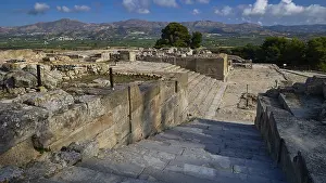 Prints of View of ruins from elevated position with mountains behind them, Festos, Phaistos, Minoan Palace of Festos, Messara plain, UNESCO World Heritage Site, southern central Crete, Crete, Greek Islands Palace Prints: View of Festos Ruins Print, Crete, Greece