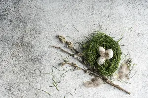 Handicraft Decoration Prints: Top view of a rustic Easter setting featuring a nest made of fresh green grass