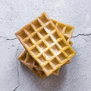 Studio Shot Food Still Life Prints: Top view stack waffles concrete surface