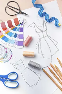Office Work Station Prints: Top view tailoring set with fabric samples
