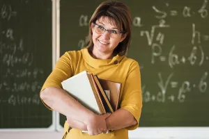 Office Work Station Setup Prints: Front view teacher with stack books