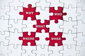 Conceptual Business Image Prints: Top view of text on missing jigsaw puzzle - Why