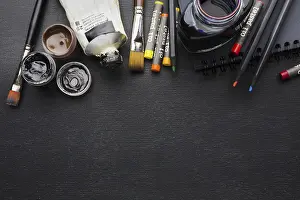 Top View Prints: Top view various brushes crayons copy space