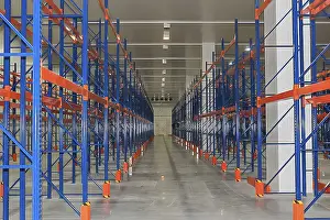 Empty Warehouse Storage Prints: The warehouse is empty, with rows of blue and orange storage racks