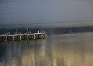 Altaussee Lake Prints: Water reflection with bathing jetty and deckchairs