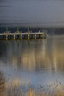 Altaussee Lake Prints: Water reflection with bathing jetty and deckchairs