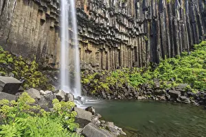 Icelandic Volcanic Rock Formations Prints: Waterfall, basalt columns, summer
