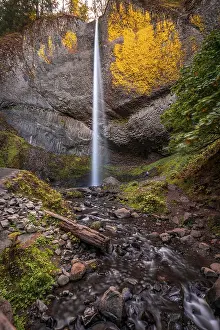 Uninhabited Waterfront Scenery Prints: Waterfall in front of basalt rock
