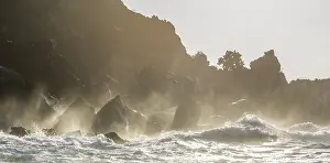 Galapagos Islands Prints: Waves breaking against the cliffs at the Buccaneers Cove