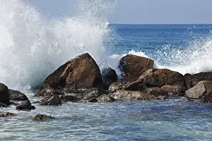 No People On The Beach Prints: Waves breaking against the rocks