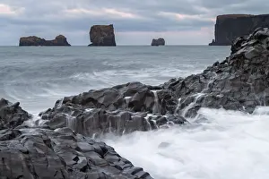 Icelandic Coastline Prints: Waves, surf, washed over columnar basalt