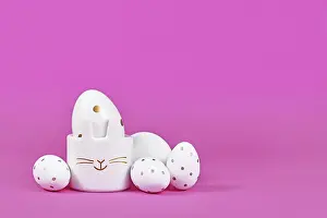Pink Background Design Prints: White Easter eggs with golden dots