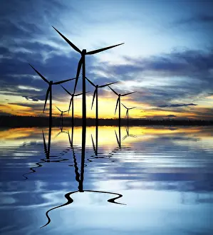 Deserted Windmill Scene Prints: Wind Power at Sunset