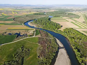 View From Above Agricultural Land Prints: A winding river, bordered by forests and fields