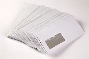Office Supply Still Life Prints: Windowed envelopes, white, front
