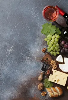 Wine And Cheese Prints: Wine, grape, bread, nuts and cheese