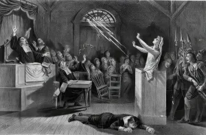 Black And White Witch Art Prints: A witch is on trial and defends herself with the help of her witchcraft spell
