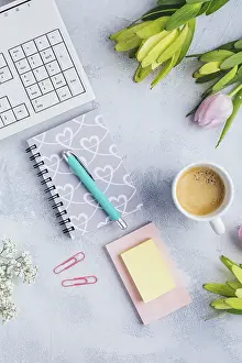 Office Supplies Prints: Workplace with cup of coffee, empty notebook